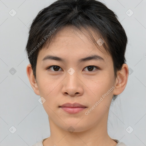 Neutral asian young-adult female with short  brown hair and brown eyes