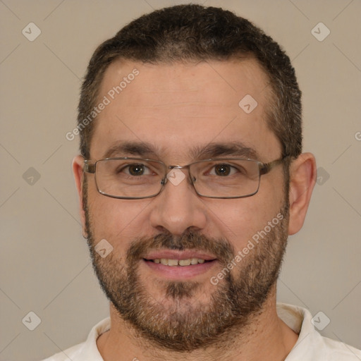 Joyful white adult male with short  brown hair and brown eyes