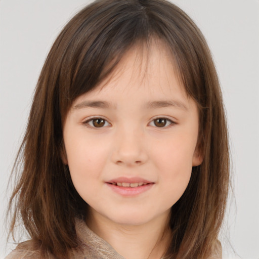 Joyful white child female with medium  brown hair and brown eyes