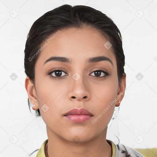 Neutral white young-adult female with medium  brown hair and brown eyes