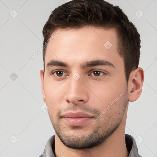 Neutral white young-adult male with short  brown hair and brown eyes