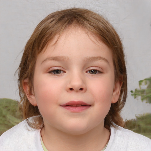 Joyful white child female with medium  brown hair and brown eyes