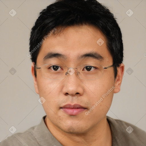 Neutral asian young-adult male with short  black hair and brown eyes