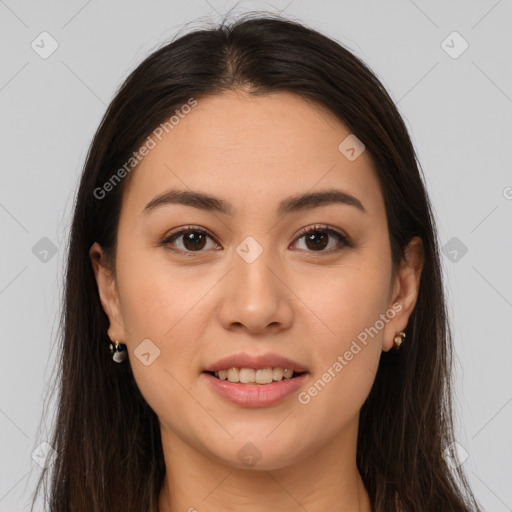 Joyful white young-adult female with long  brown hair and brown eyes