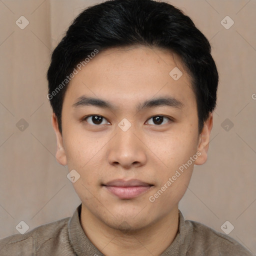 Neutral asian young-adult male with short  black hair and brown eyes