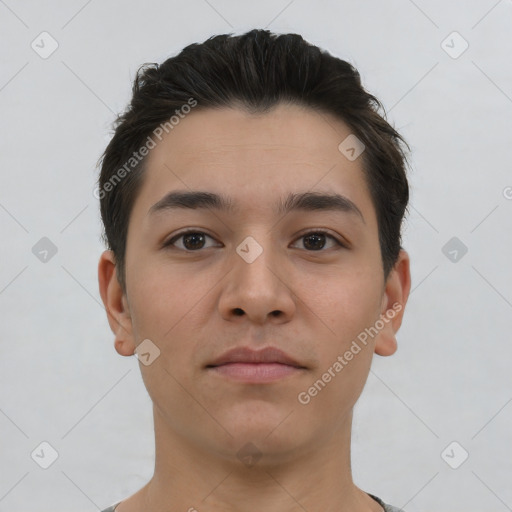 Neutral white young-adult male with short  brown hair and brown eyes