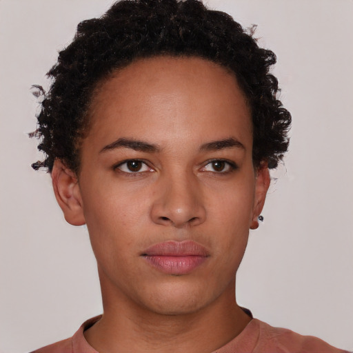 Neutral latino young-adult female with short  brown hair and brown eyes