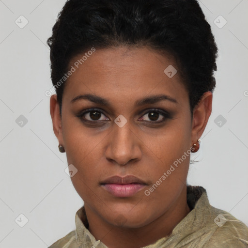 Neutral black young-adult female with short  black hair and brown eyes