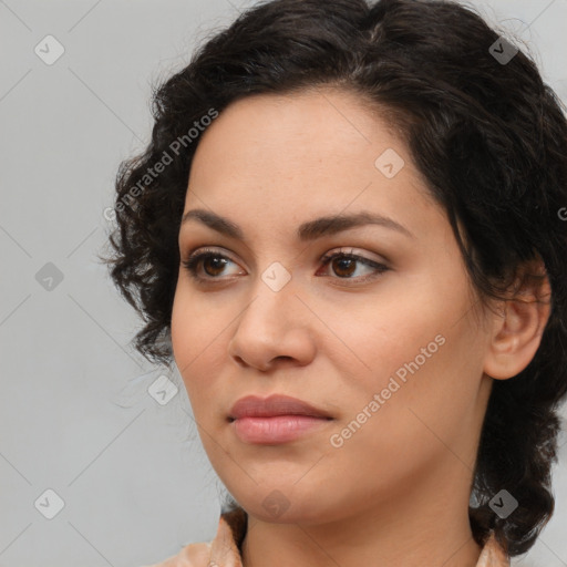 Neutral white young-adult female with medium  brown hair and brown eyes