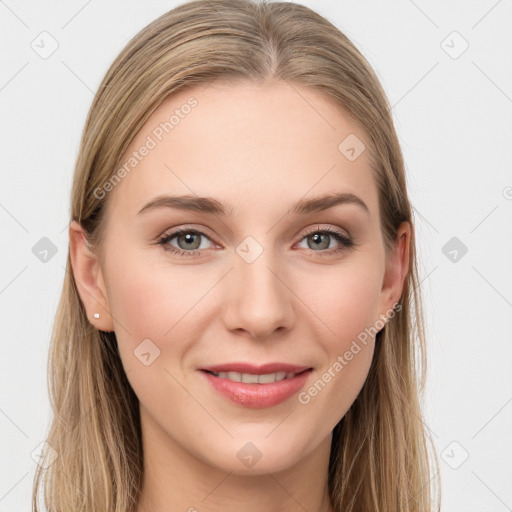 Joyful white young-adult female with long  brown hair and grey eyes