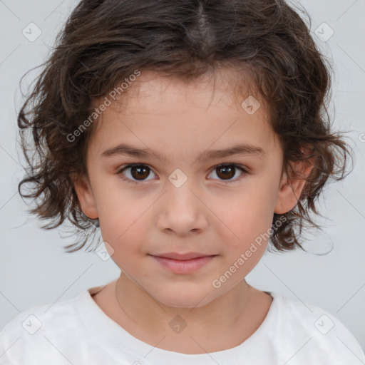 Joyful white child female with medium  brown hair and brown eyes