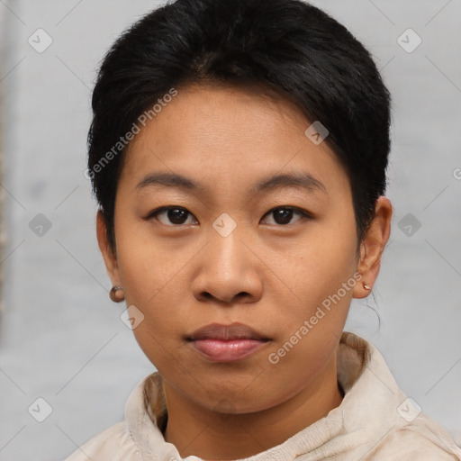 Neutral asian young-adult female with short  black hair and brown eyes