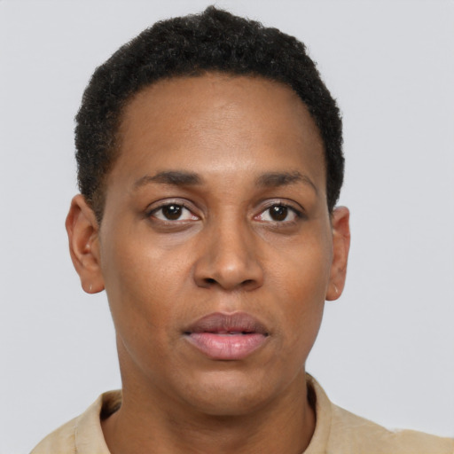Neutral black young-adult female with short  brown hair and brown eyes
