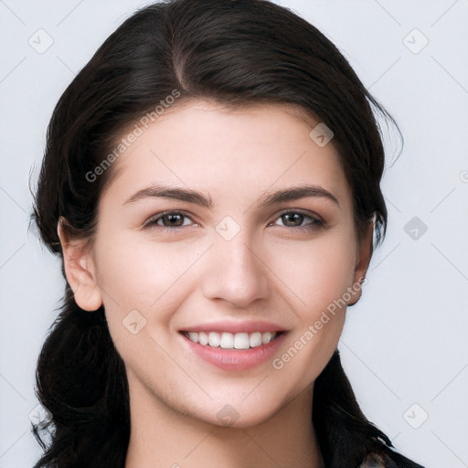 Joyful white young-adult female with long  brown hair and brown eyes