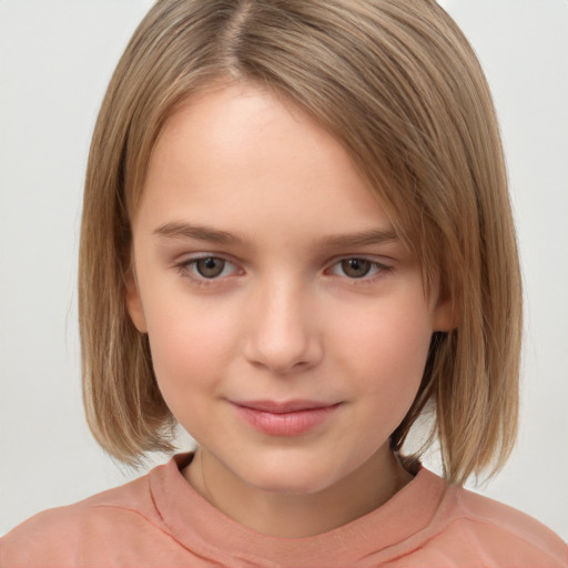 Joyful white child female with medium  brown hair and brown eyes