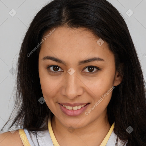 Joyful latino young-adult female with medium  brown hair and brown eyes