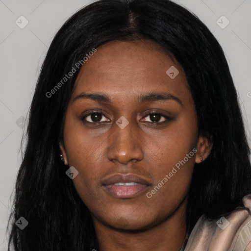 Neutral asian young-adult female with long  black hair and brown eyes