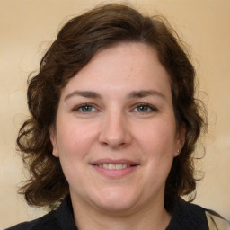 Joyful white adult female with medium  brown hair and grey eyes