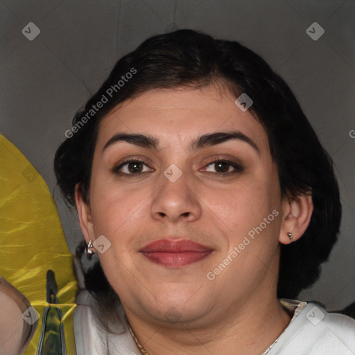 Joyful white adult female with short  brown hair and brown eyes