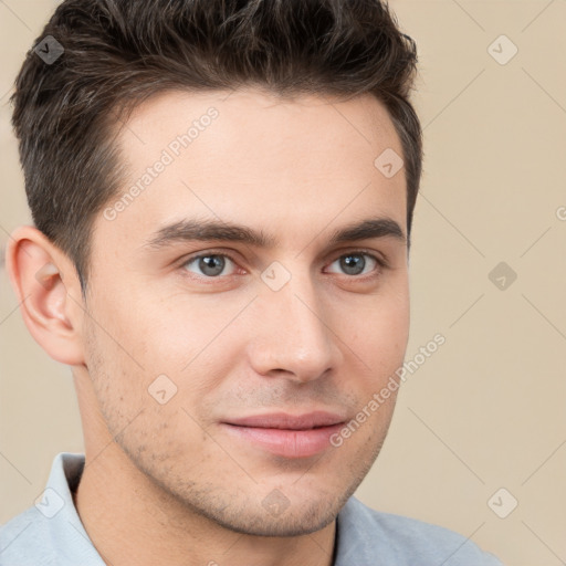 Neutral white young-adult male with short  brown hair and brown eyes