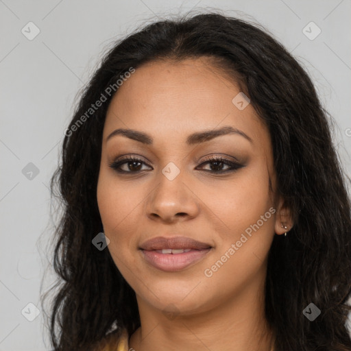 Joyful latino young-adult female with long  brown hair and brown eyes