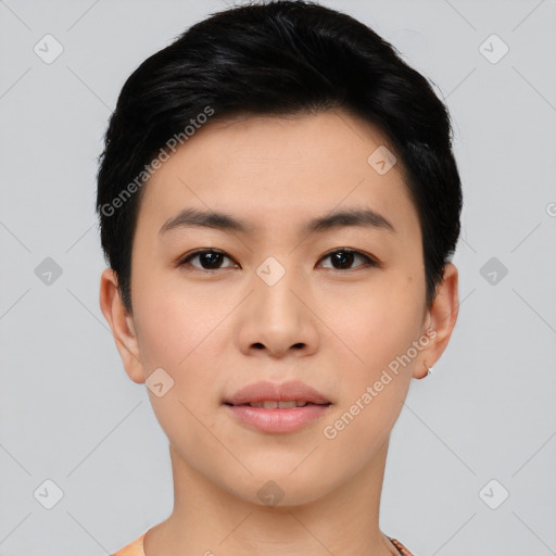 Neutral asian young-adult female with short  black hair and brown eyes