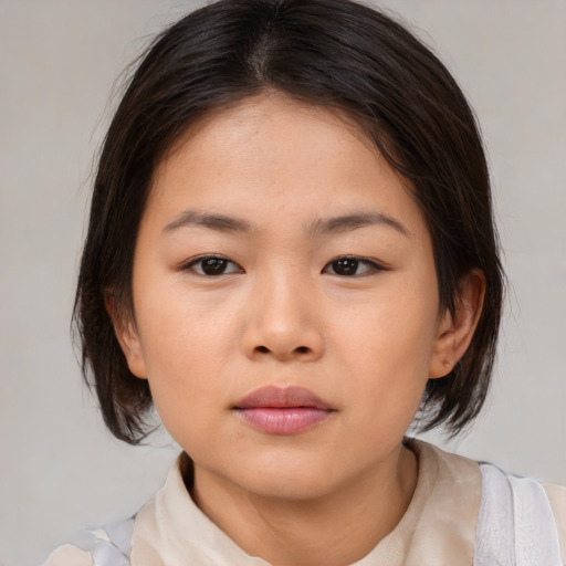 Neutral asian young-adult female with medium  brown hair and brown eyes