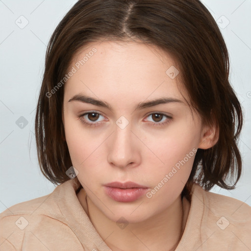 Neutral white young-adult female with medium  brown hair and brown eyes