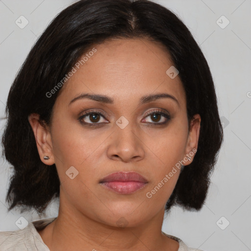 Joyful latino young-adult female with medium  brown hair and brown eyes