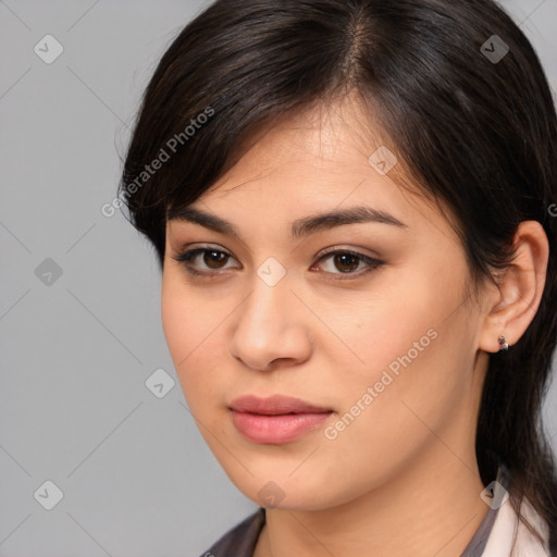 Joyful white young-adult female with medium  brown hair and brown eyes