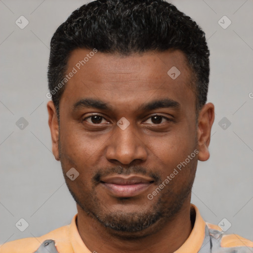Joyful latino young-adult male with short  black hair and brown eyes