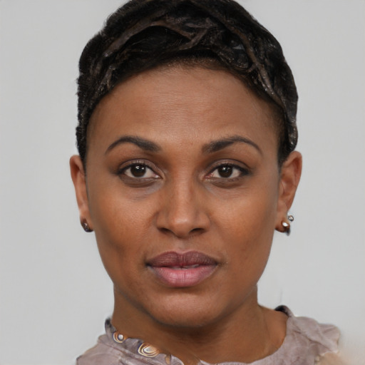 Neutral black young-adult female with short  black hair and brown eyes