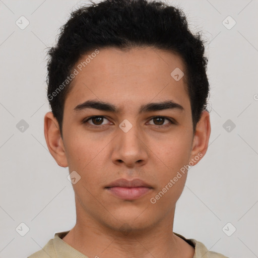 Neutral latino young-adult male with short  brown hair and brown eyes