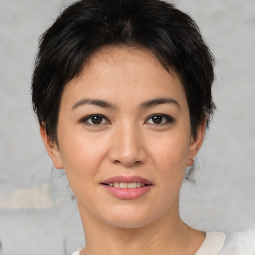 Joyful asian young-adult female with short  brown hair and brown eyes