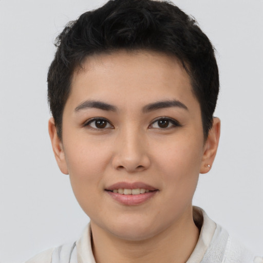 Joyful asian young-adult female with short  brown hair and brown eyes