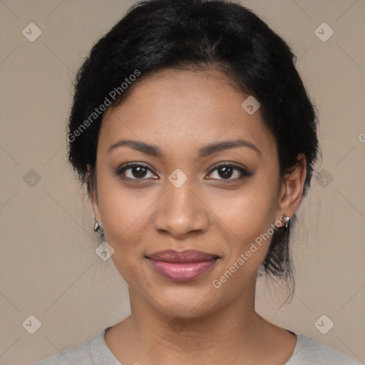 Joyful latino young-adult female with medium  black hair and brown eyes