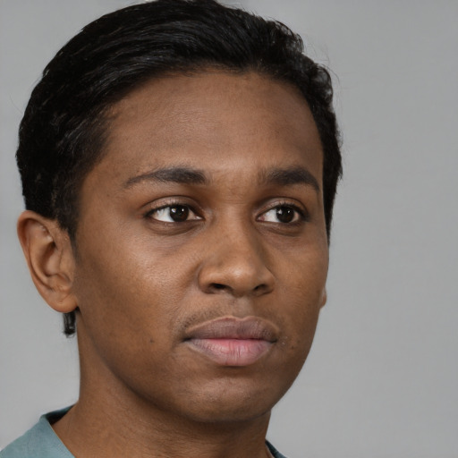 Neutral black young-adult male with short  brown hair and brown eyes