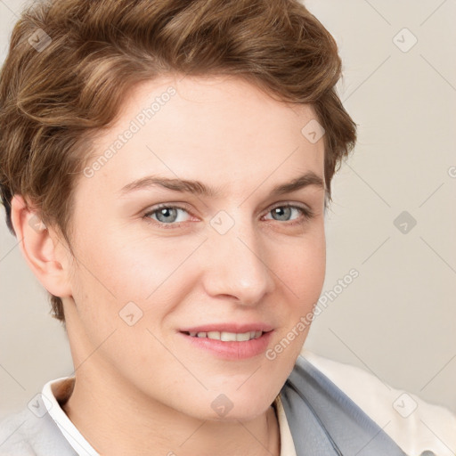 Joyful white young-adult female with short  brown hair and grey eyes