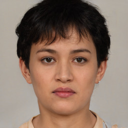 Neutral asian young-adult female with short  brown hair and brown eyes