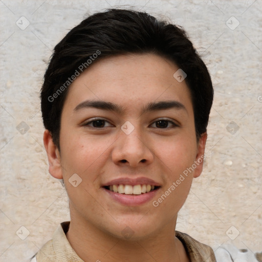 Joyful asian young-adult female with short  brown hair and brown eyes