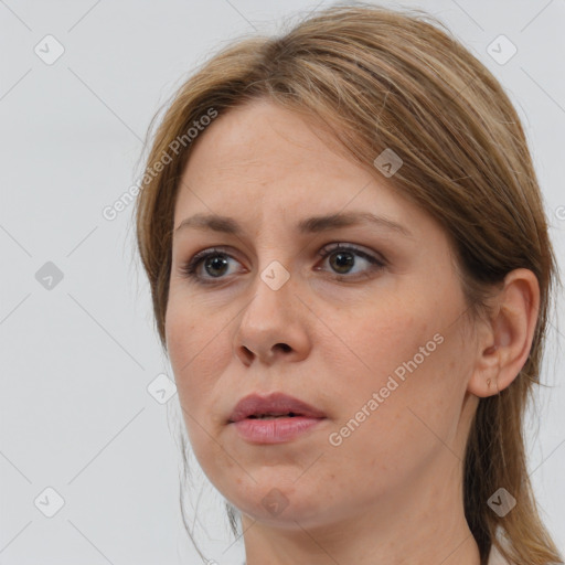 Neutral white young-adult female with medium  brown hair and brown eyes