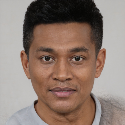 Joyful black young-adult male with short  black hair and brown eyes