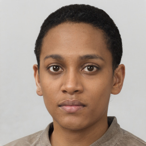 Neutral latino young-adult female with short  black hair and brown eyes