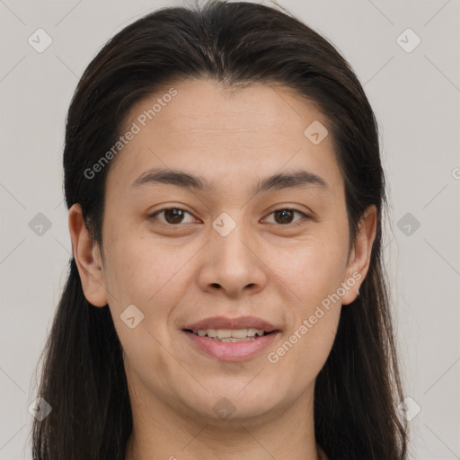 Joyful white young-adult female with long  brown hair and brown eyes