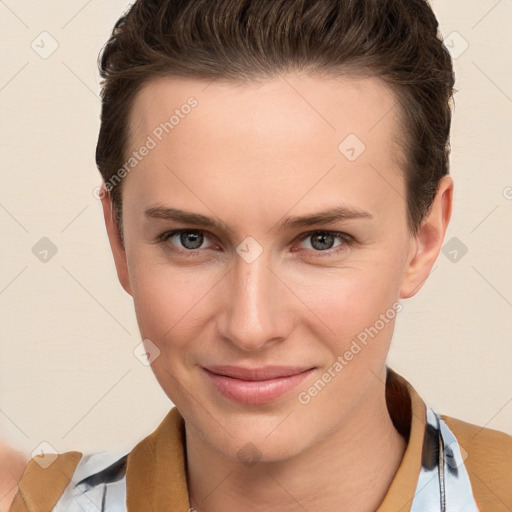 Joyful white young-adult female with short  brown hair and brown eyes