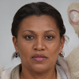 Joyful latino adult female with medium  brown hair and brown eyes