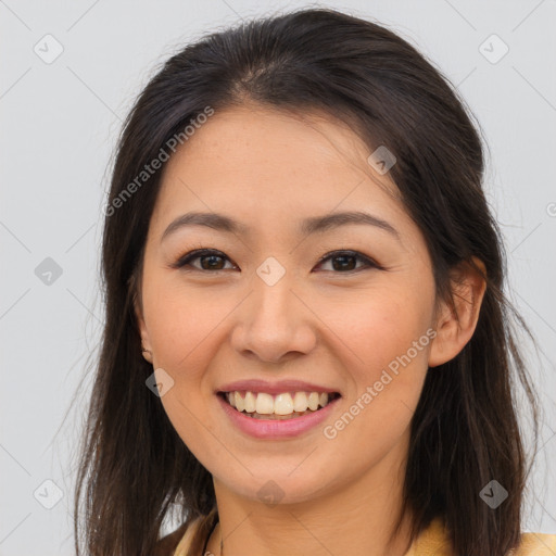 Joyful white young-adult female with long  brown hair and brown eyes