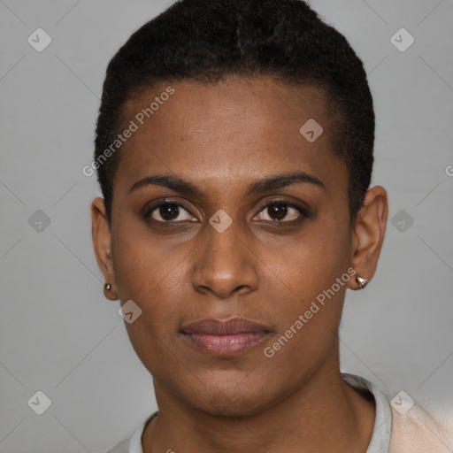 Neutral black young-adult female with short  brown hair and brown eyes