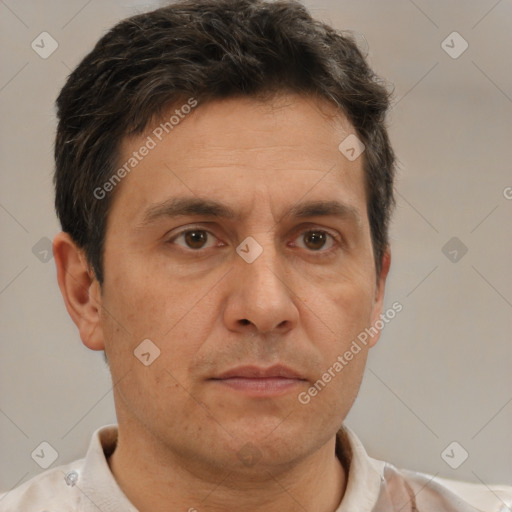 Neutral white adult male with short  brown hair and brown eyes