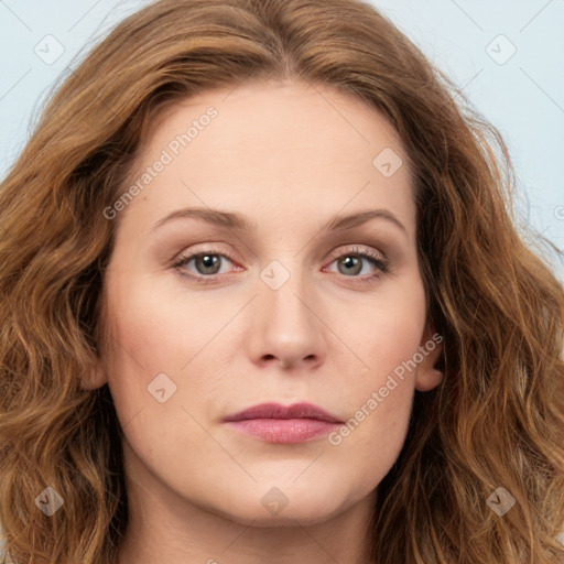 Joyful white young-adult female with long  brown hair and green eyes